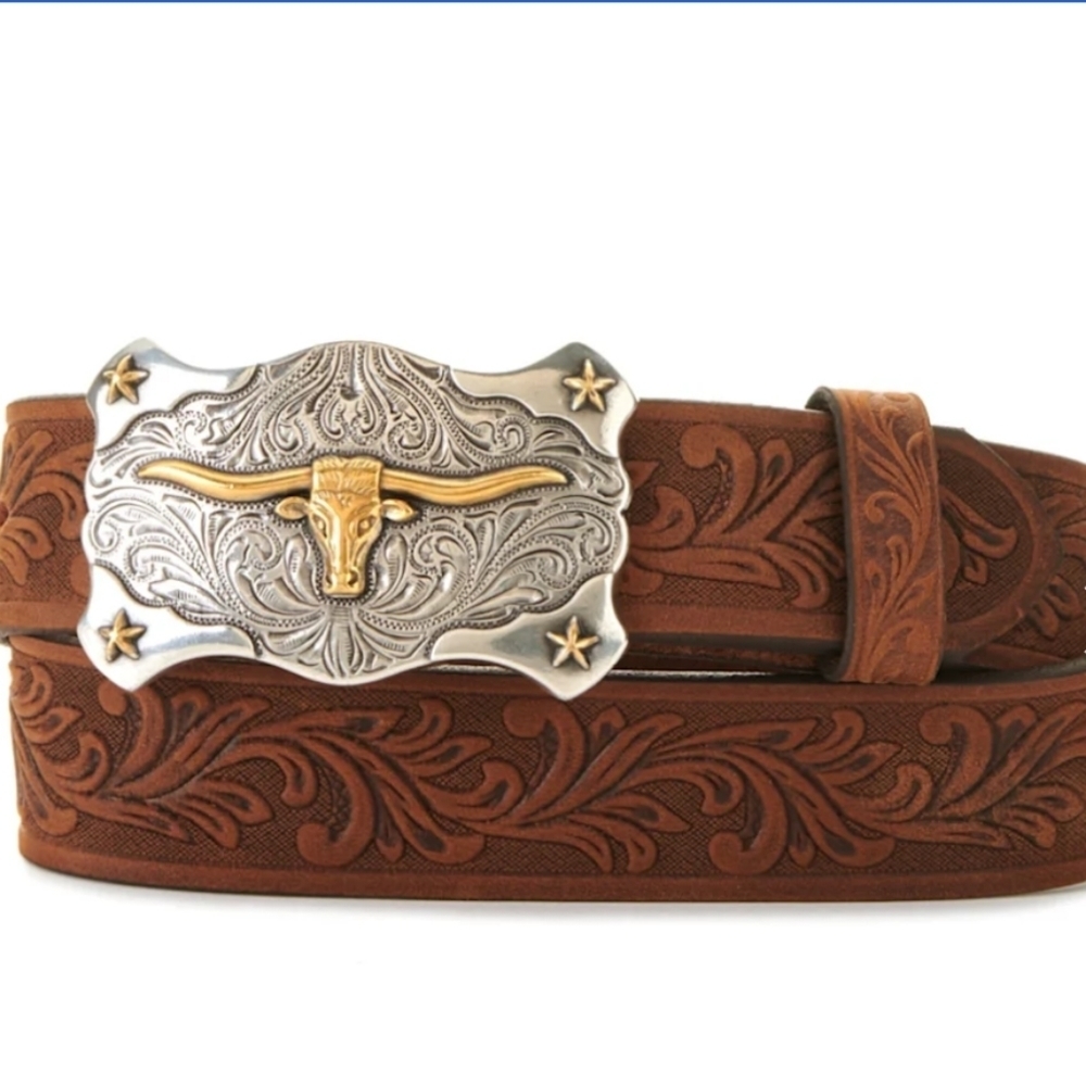 𝅺Tony Lama Kids Aged Brown Leather Belt with Texas Longhorn Buckle